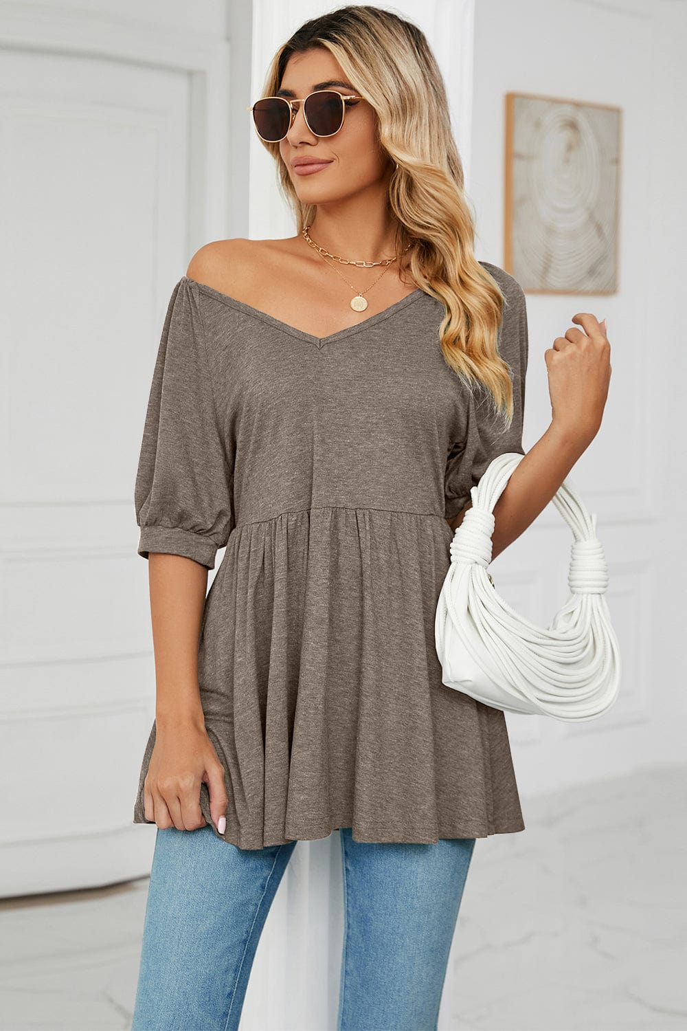 Full Size V-Neck Babydoll Top