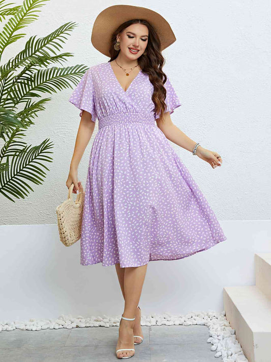Plus Size Lavender Printed Smocked Waist Surplice Dress