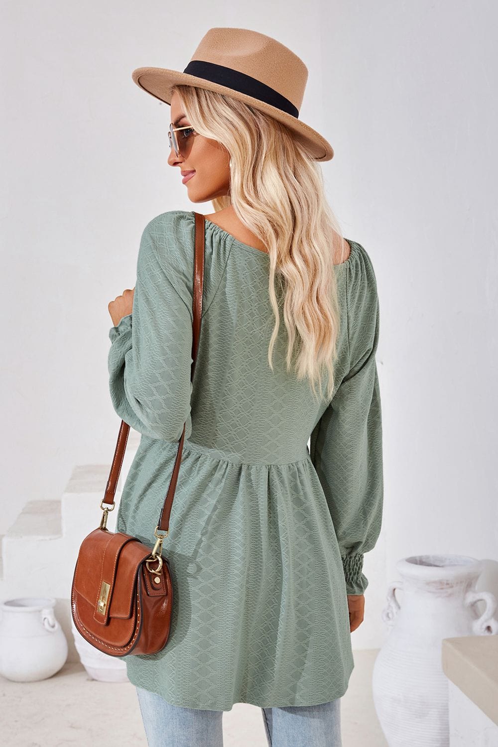 Full Size V-Neck Lantern Sleeve Blouse