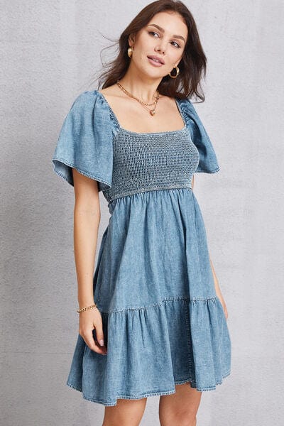 Larissa Bea Smocked Square Neck Mini Denim Dress