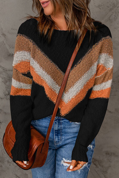 Contrast Round Neck Dropped Shoulder Sweater