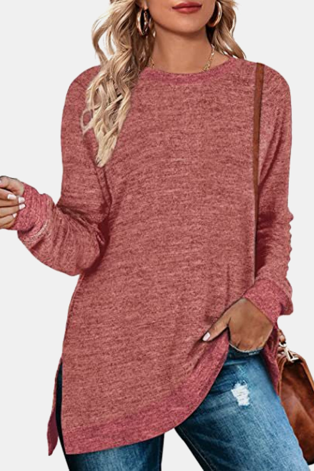 Full Size Round Neck Long Sleeve Slit T-Shirt