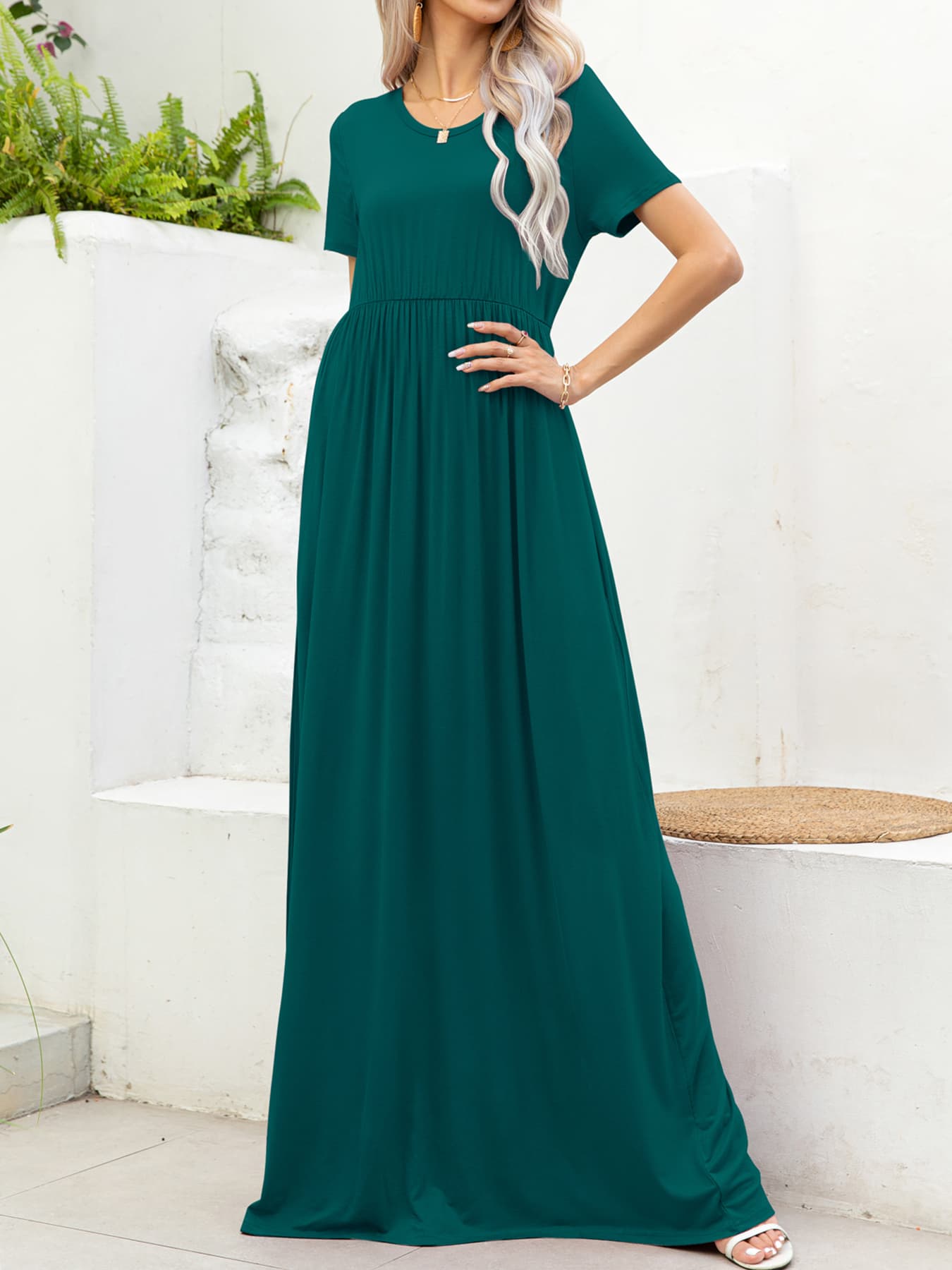 OCEANSIDE Round Neck Short Sleeve Maxi Dress with Pockets