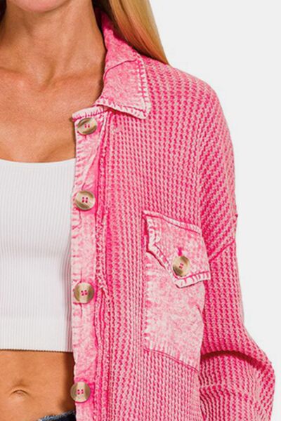 Zenana Fuchsia Waffle-Knit Button Up Dropped Shoulder Jacket