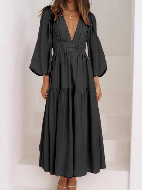 Cora Lea Deep V-Neck Balloon Sleeve Plain Maxi Dress