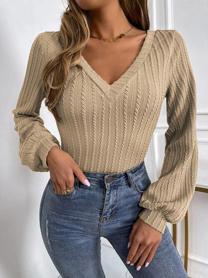 Tan Cable-Knit V-Neck Long Sleeve Knit Top