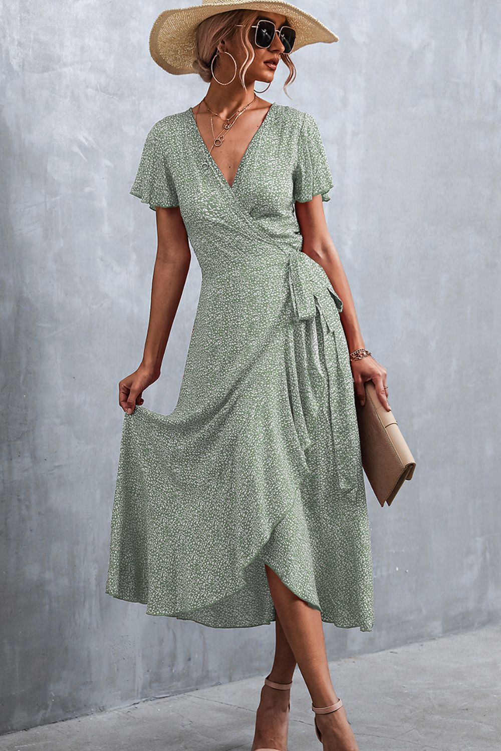 Full Size Floral Surplice Neck Tied Midi Dress