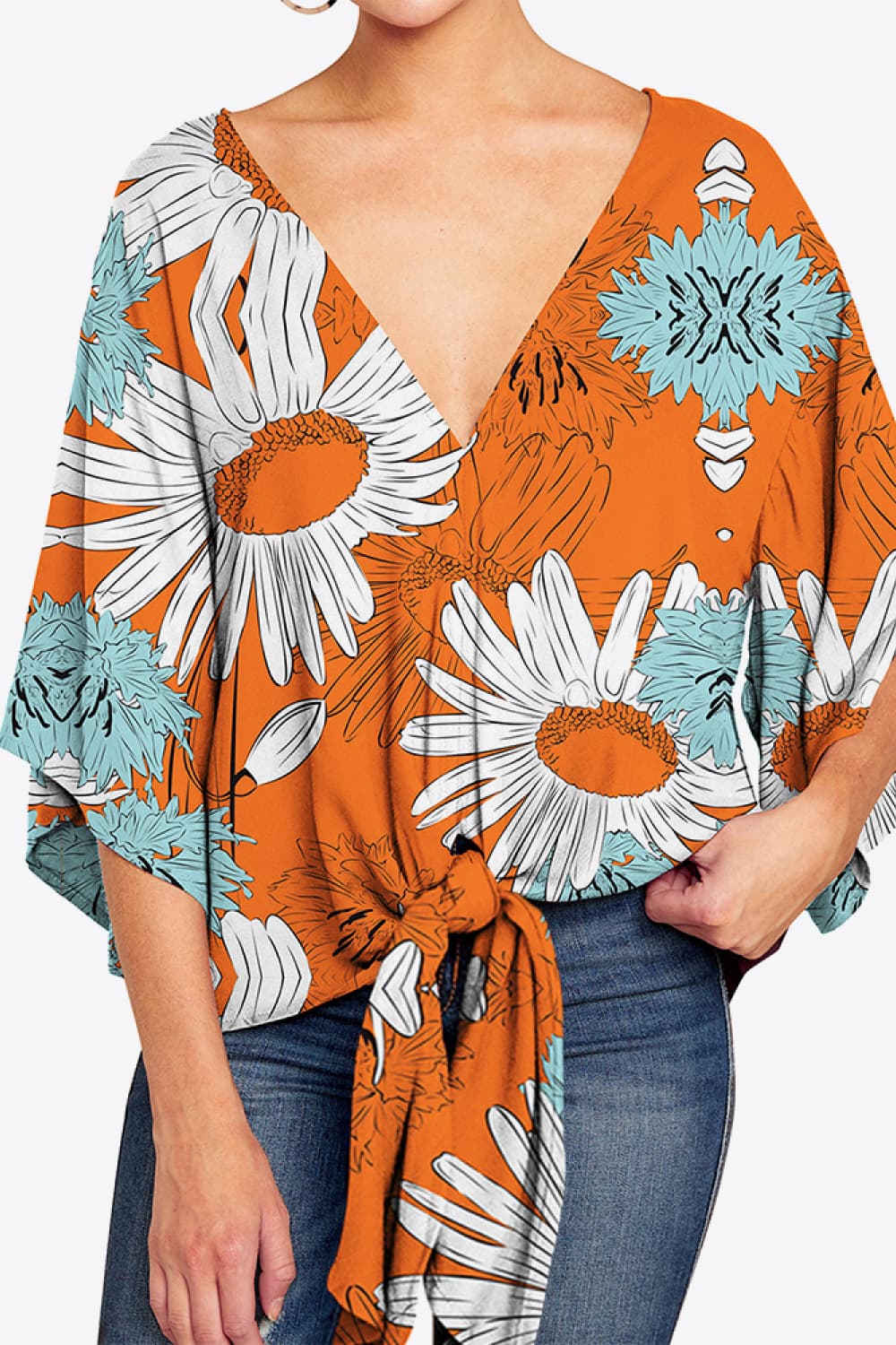 Full Size Printed Deep V Tie Hem Blouse