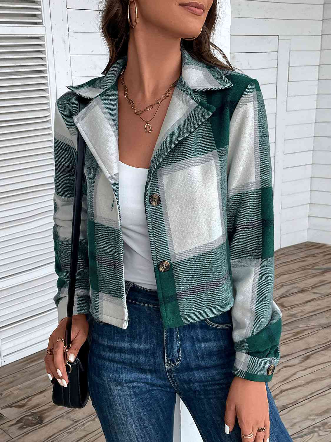 Green Plaid Collared Neck Button Up Long Sleeve Jacket