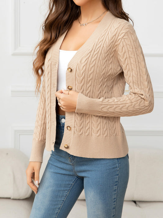AuroraBlissX V-Neck Long Sleeve Cable-Knit Buttoned Knit Top