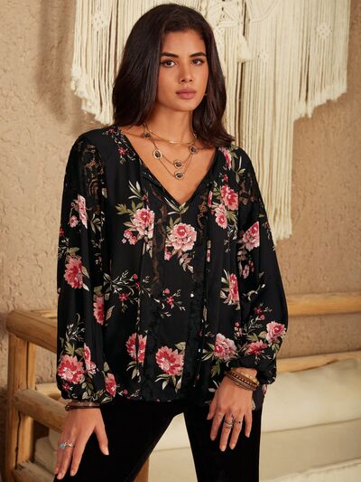 Women's CallistaAnn Flower Printed Tie Neck Long Sleeve Blouse