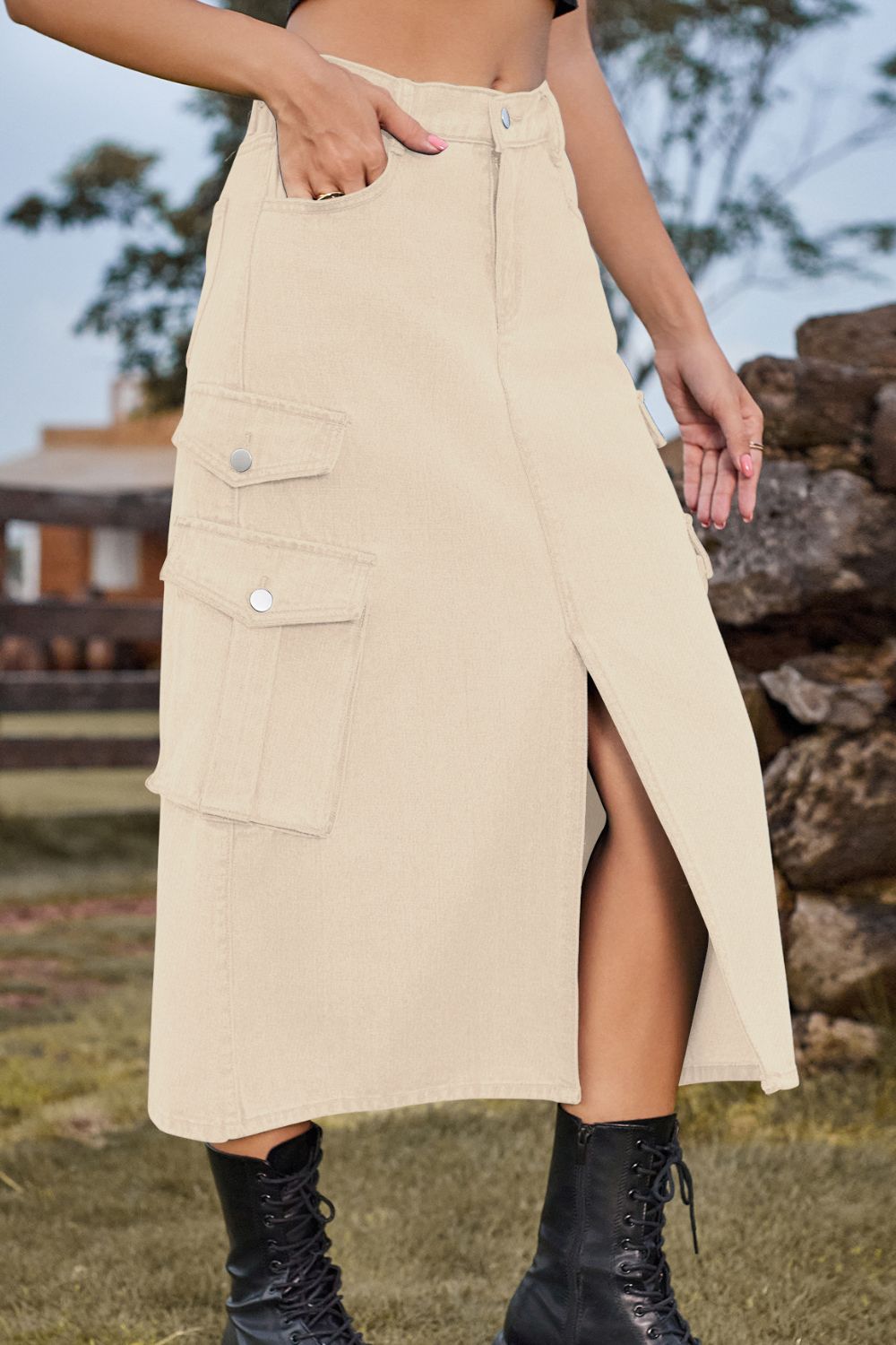 Full Size Slit Front Midi Denim Skirt with Pockets