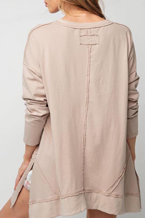 Exposed Seam V-Neck Long Sleeve Slit Sweatshirt