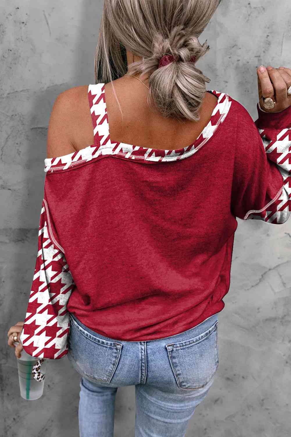 Houndstooth Long Sleeve Asymmetrical Neck Deep Red Top