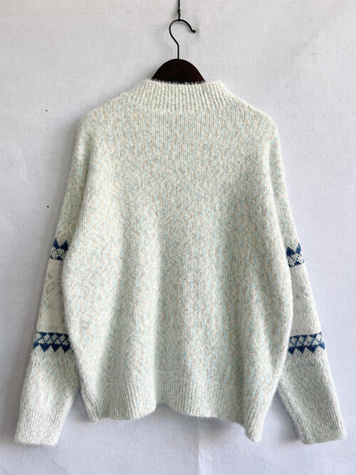 CozyWonders Geometric Mock Neck Dropped Shoulder Sweater