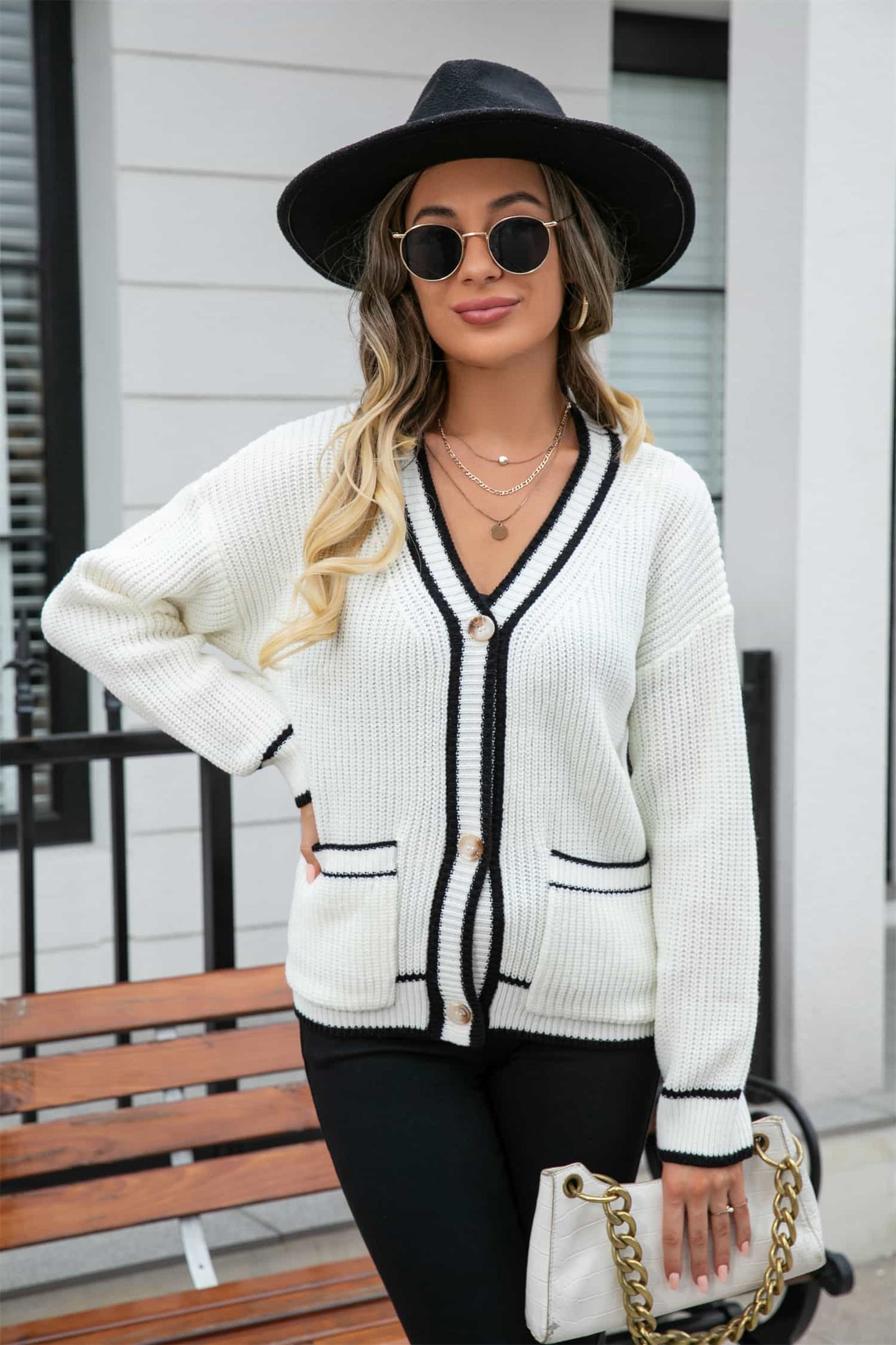 Waffle Knit V-Neck Cardigan with Pocket