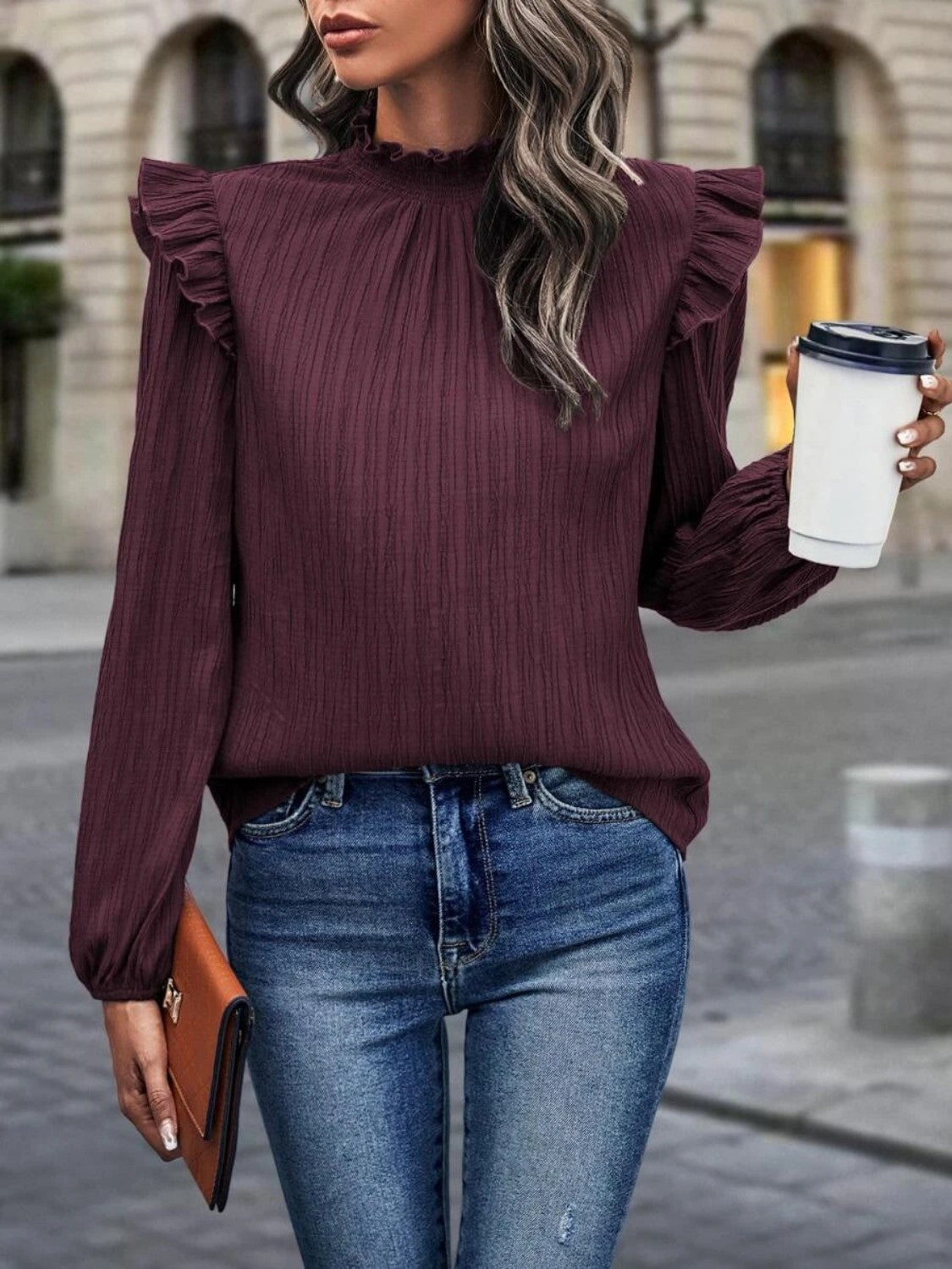 Full Size Mock Neck Ruffle Shoulder Blouse