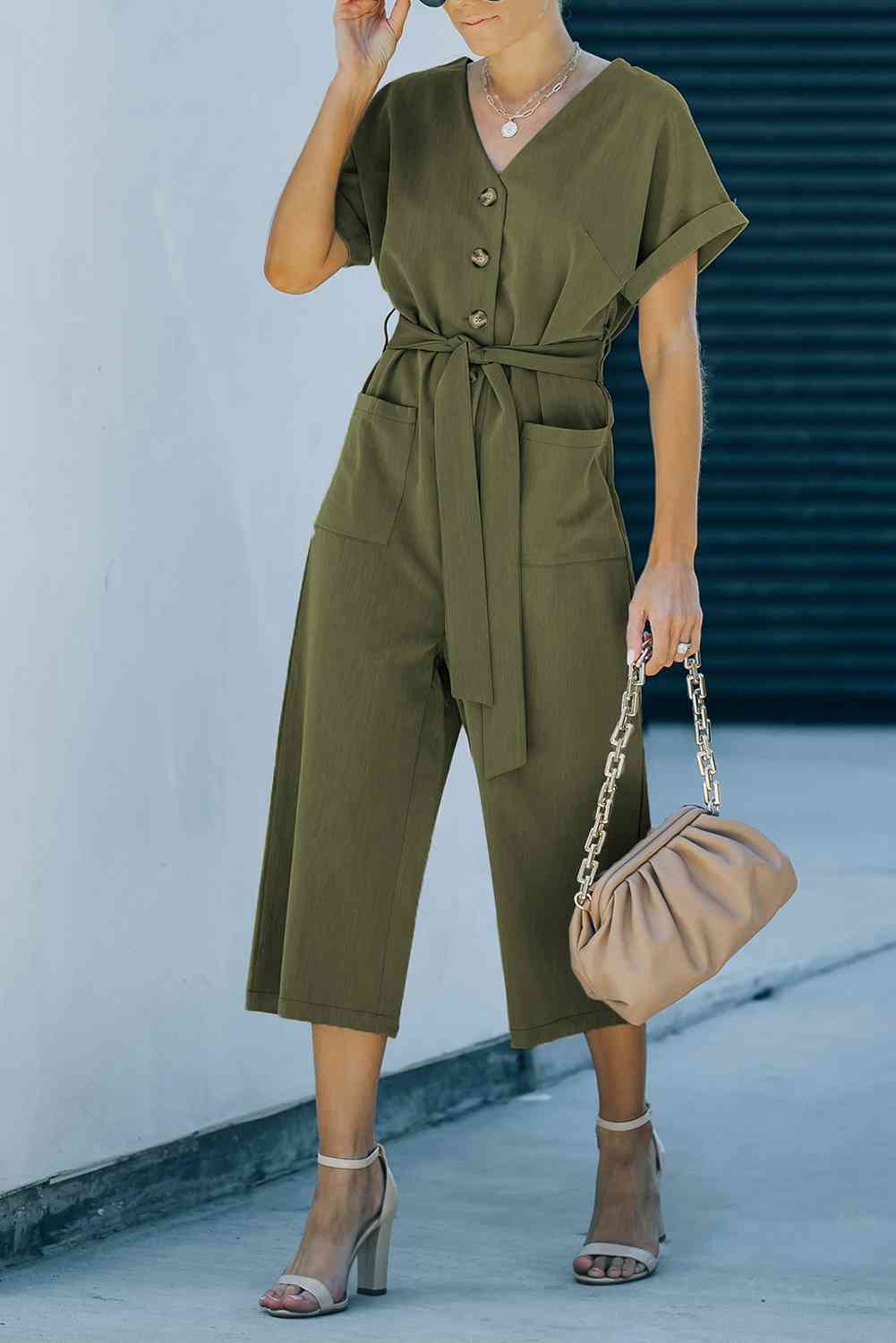 DuskJumpers Tie-Waist Buttoned Cropped Jumpsuit