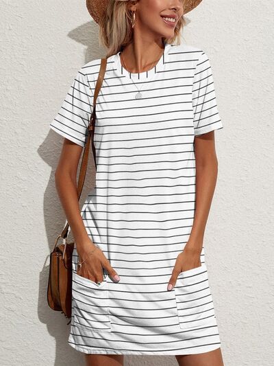 Pocketed Striped Round Neck Short Sleeve Dress