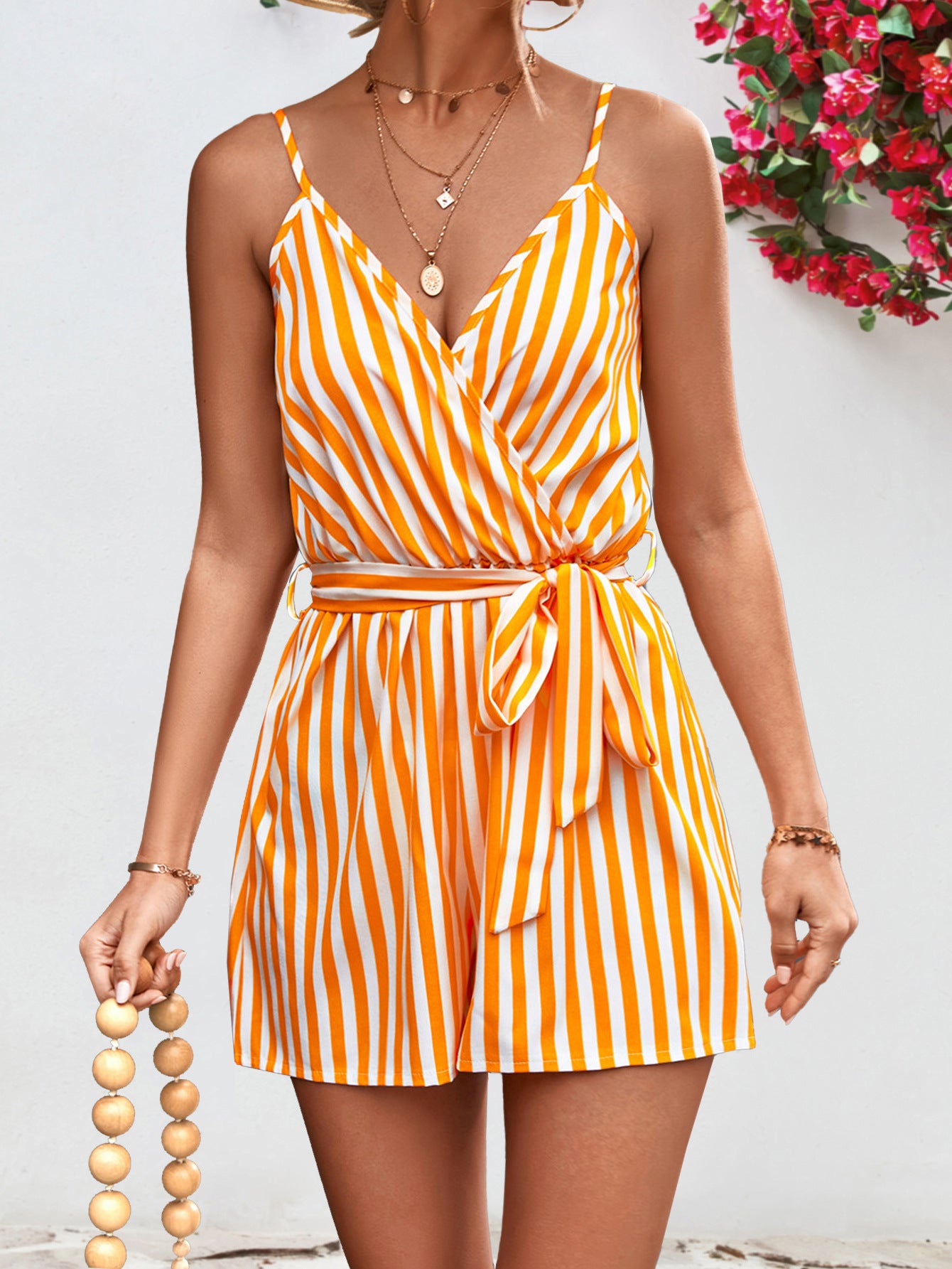 Women's Striped Tie Waist Spaghetti Strap Romper