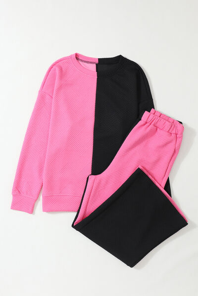 Adryane Jay Color Block Round Neck Sweatshirt and Pants Set