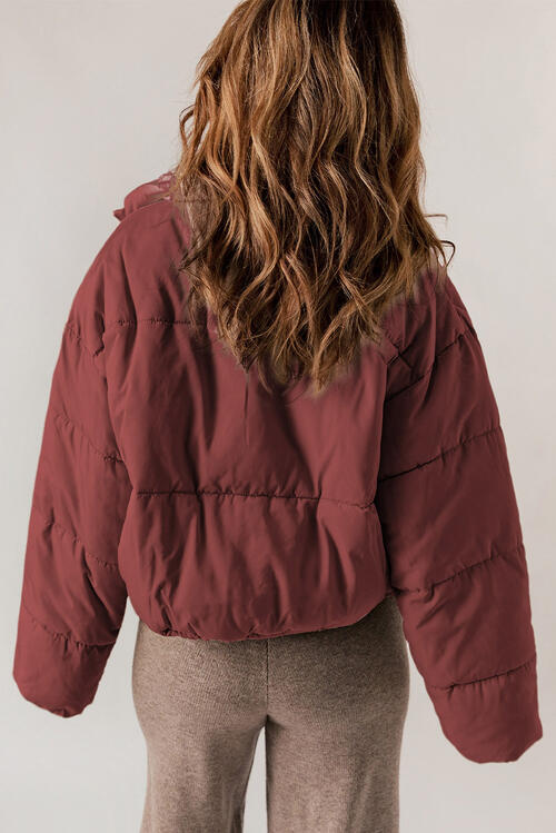 Brick Red Zip Up Collared Neck Long Sleeve Winter Coat