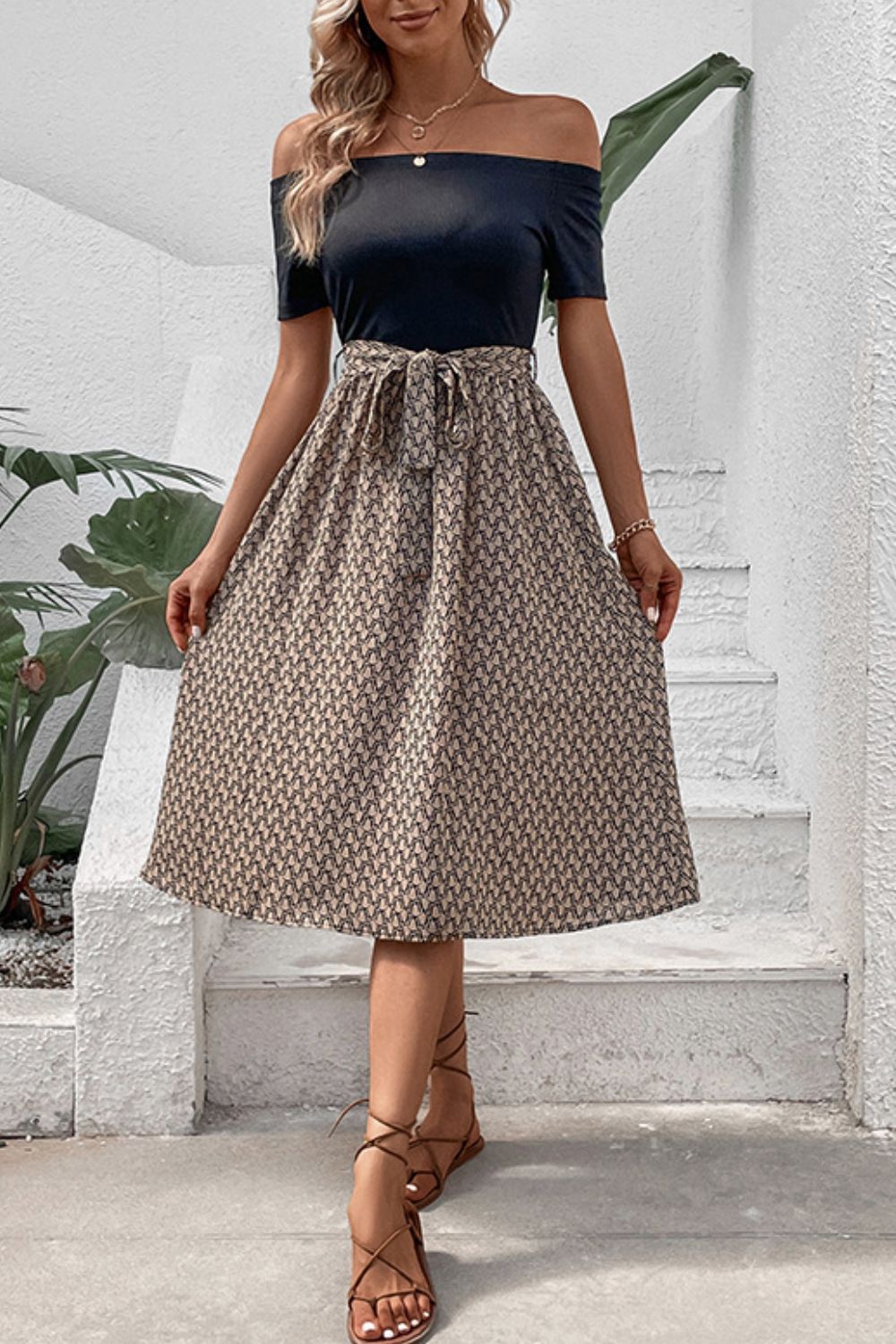 Printed Tie Belt Off-Shoulder Dress