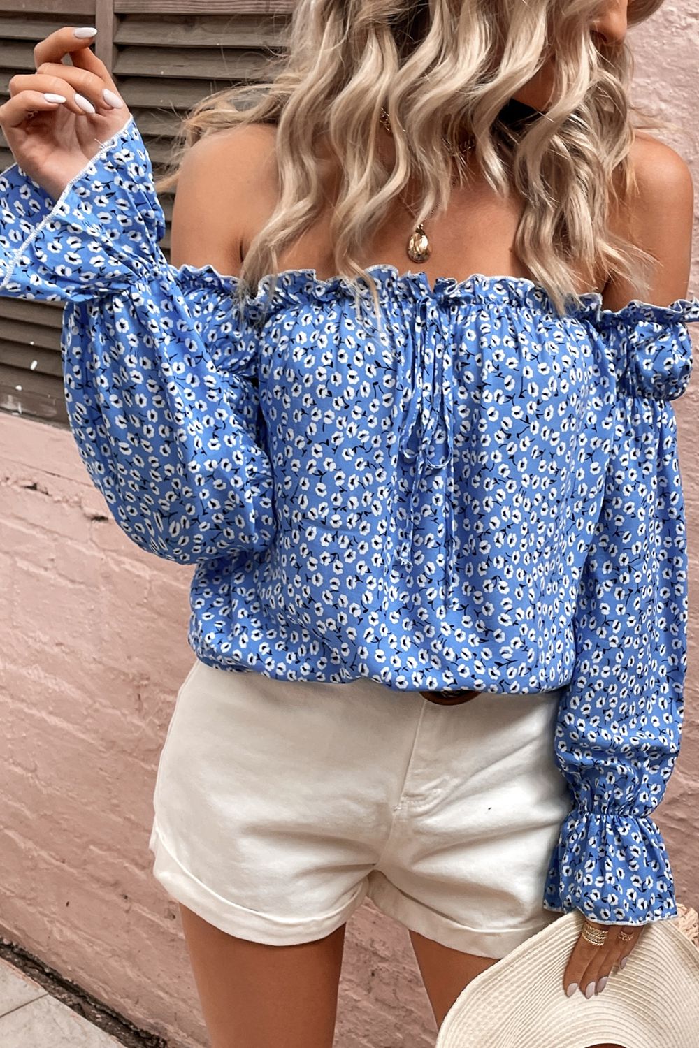 Adelisa & Yehn Off Shoulder Printed Frill Trim Blouse