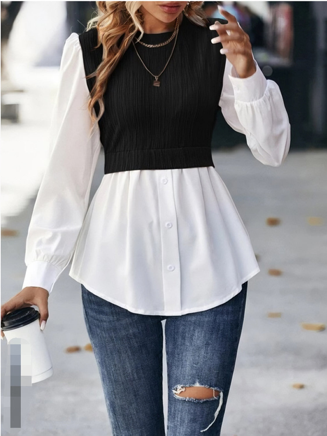 Full Size Contrast Round Neck Puff Sleeve Blouse