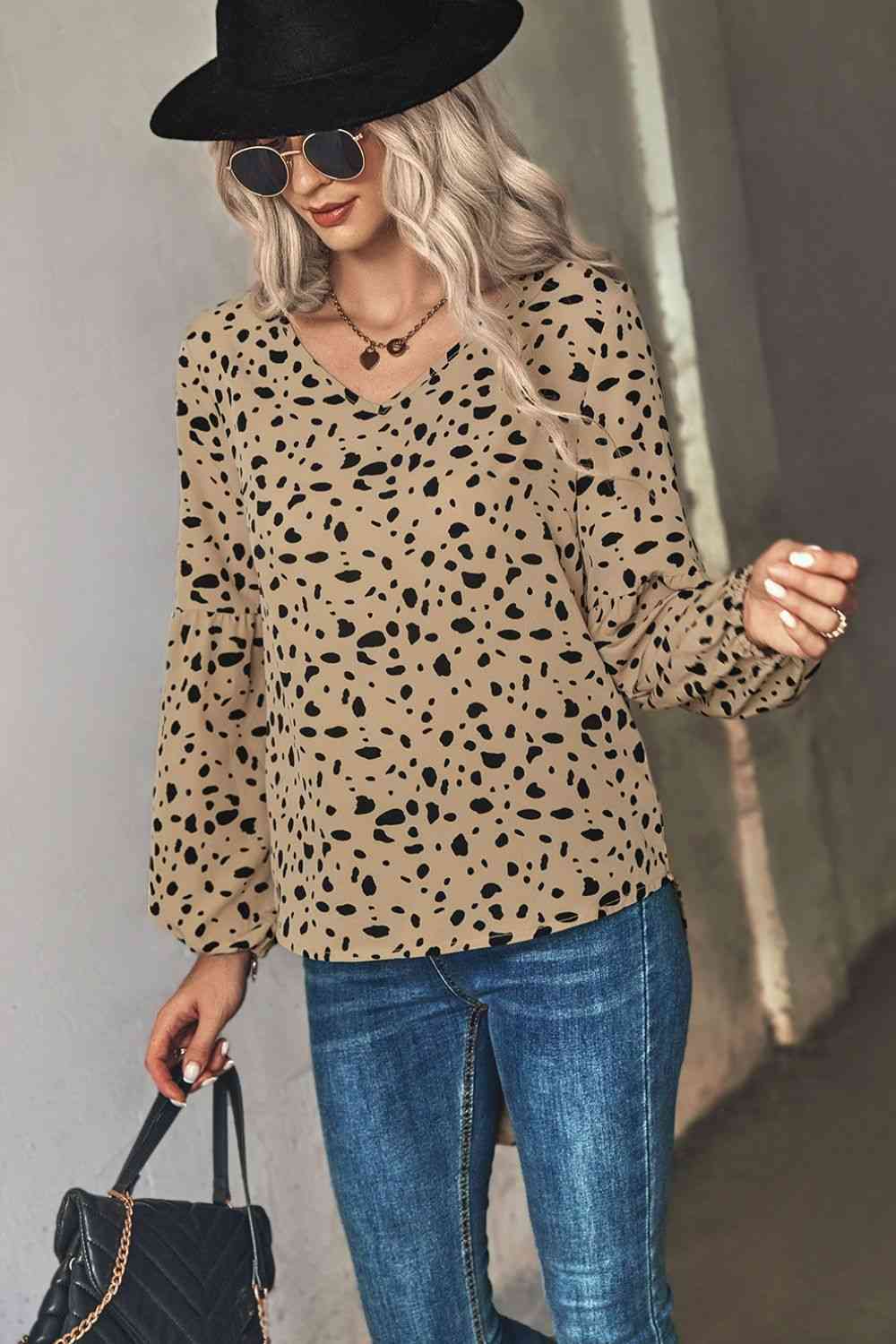 Animal Print V-Neck High-Low Blouse