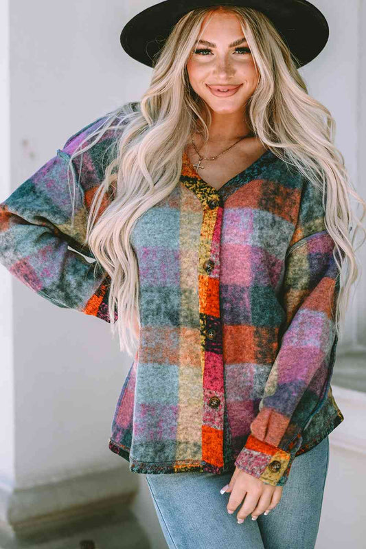 Aria Multicolor Plaid V-Neck Button Down Jacket