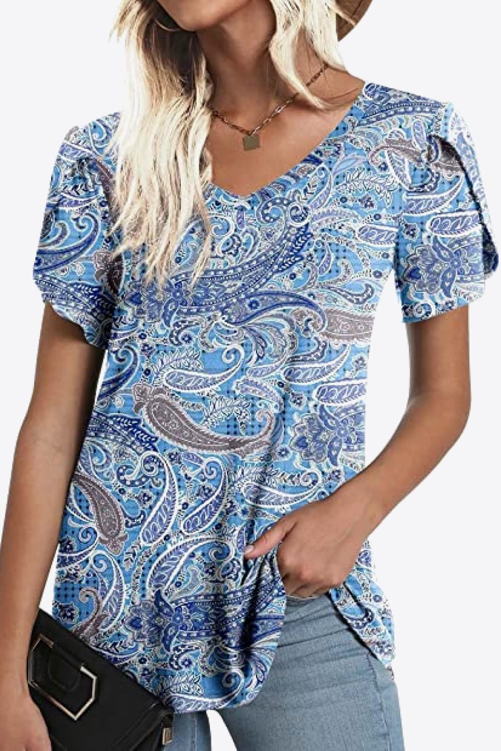 Full Size Printed Petal Sleeve V-Neck Blouse