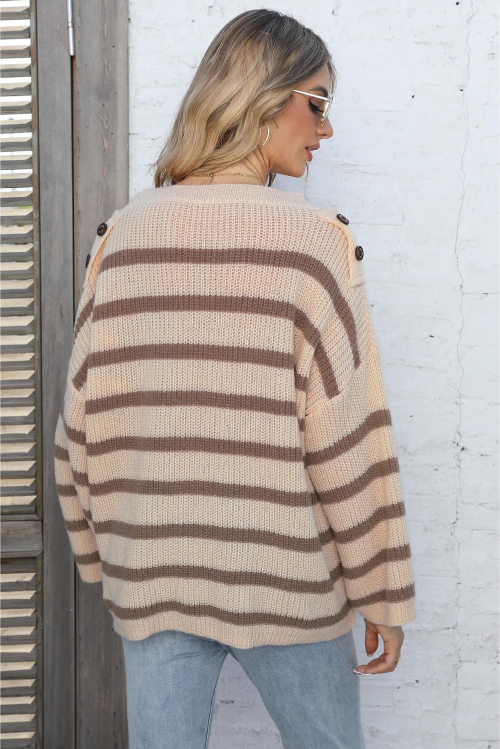 One Size Round Neck Dropped Shoulder Striped Sweater