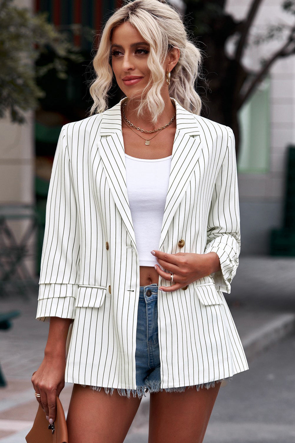 Women's Full Size SoYou Striped Double-Breasted Long Sleeve Blazer