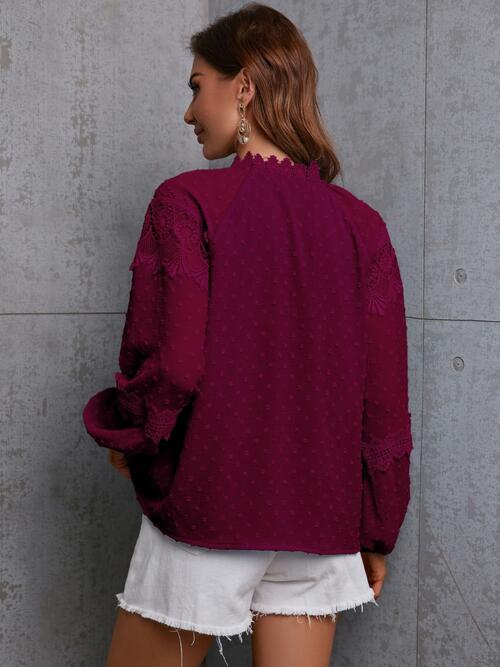 Crochet Tassel Tie Neck Long Sleeve Blouse