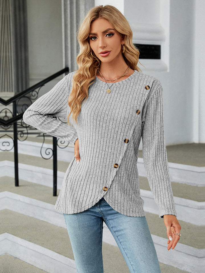 Full Size Round Neck Ribbed Button Detail Blouse