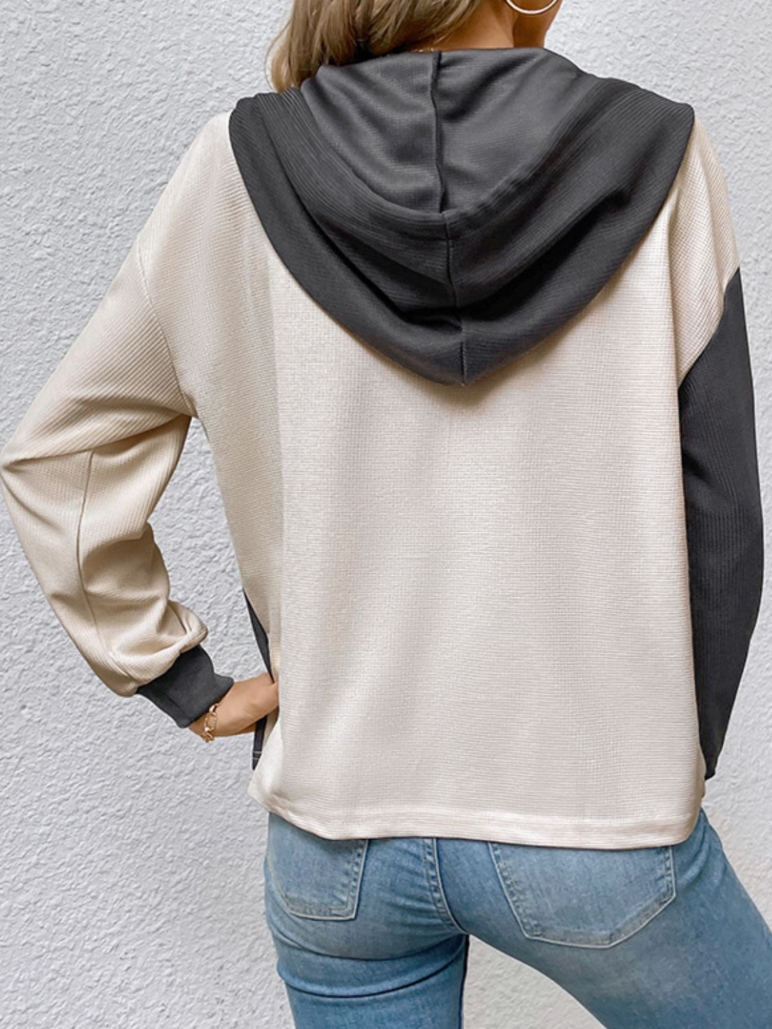 Contrast Color Button-Up Raglan Sleeve Hoodie