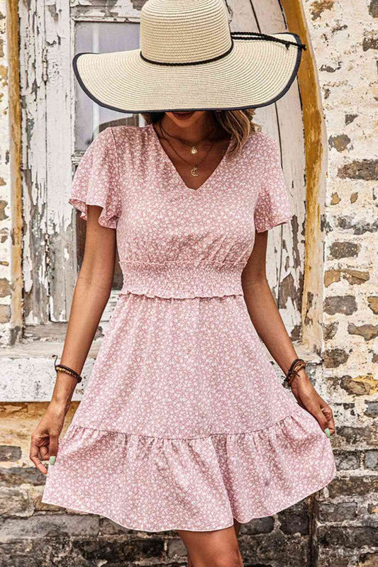 Women's Cressida Pink Printed Smocked V-Neck Tiered Dress