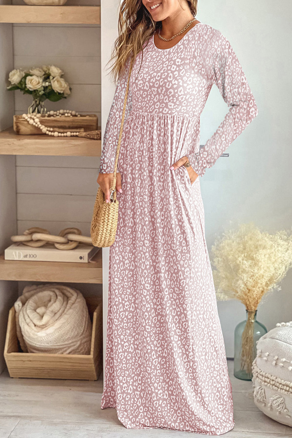 Leopard Round Neck Long Sleeve Blush Pink Maxi Dress