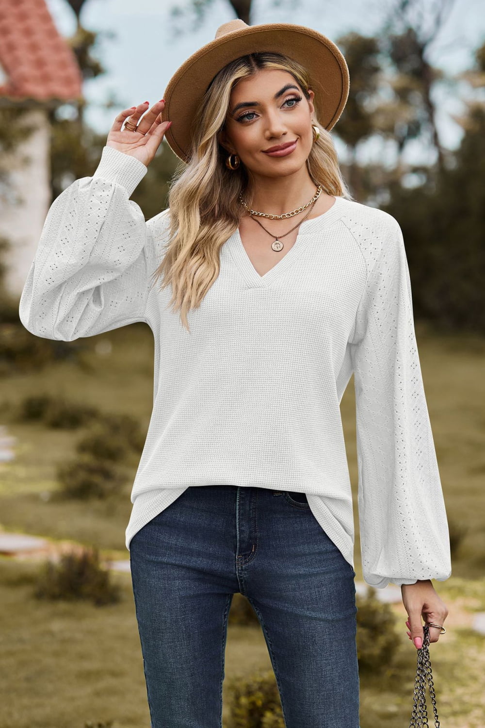 Full Size Notched Neck Raglan Sleeve Blouse