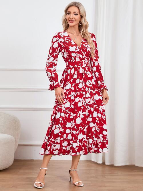 H.Y.G@E Attire Floral Surplice Flounce Sleeve Ruffle Hem Dress