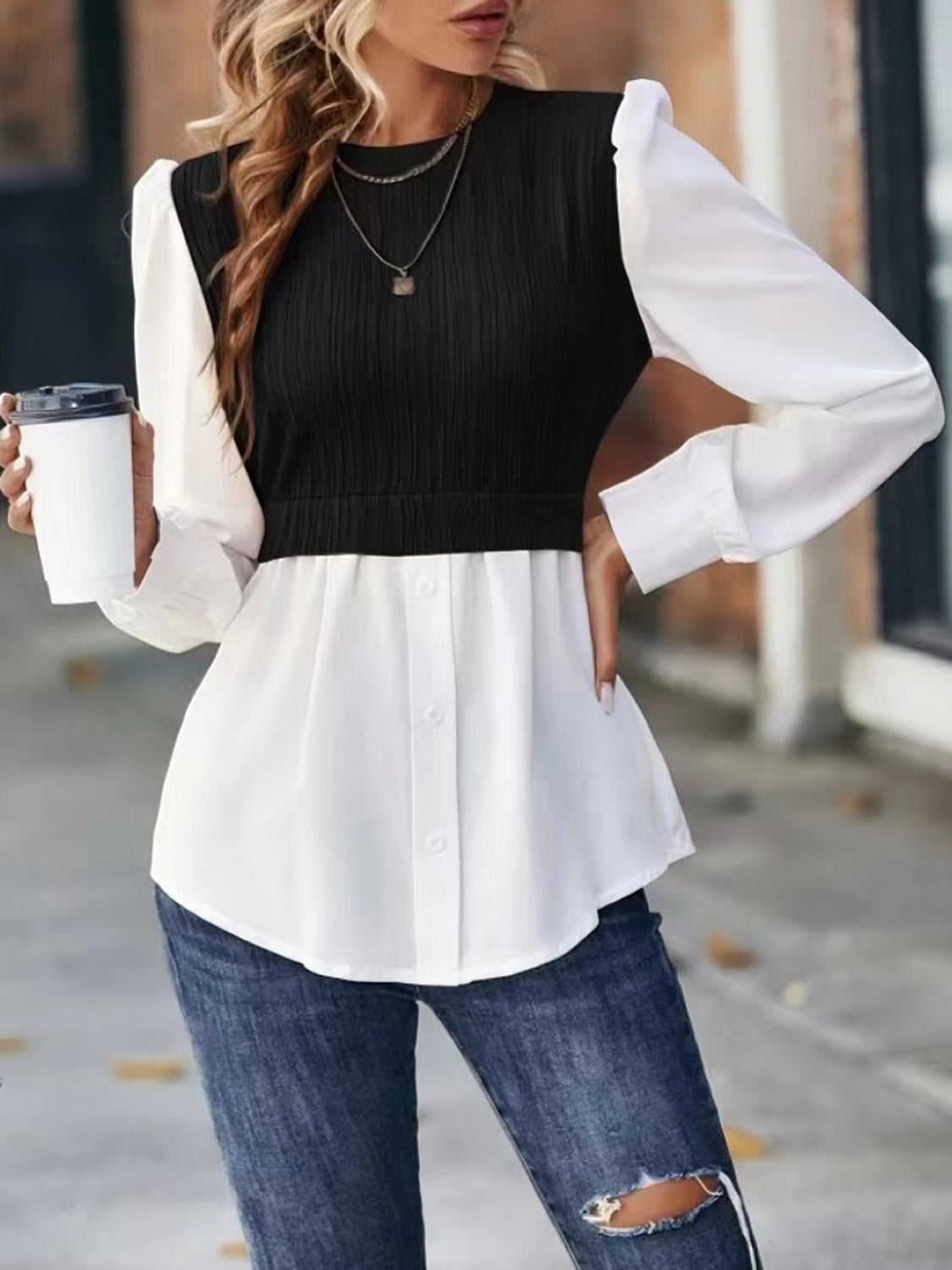 Full Size Contrast Round Neck Puff Sleeve Blouse