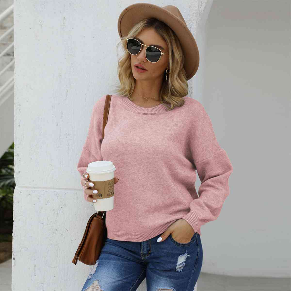 SnuggleTime Round Neck Long Sleeve Drop Shoulder Sweater