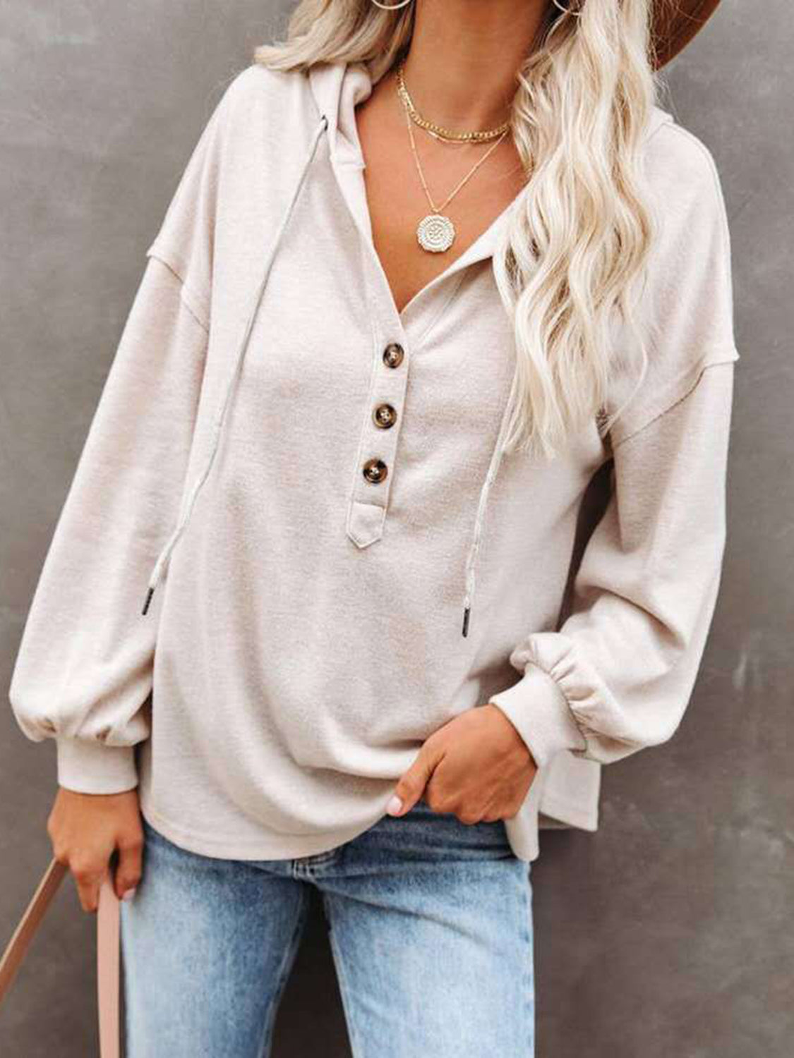 Full Size Buttoned Drop Shoulder Hoodie