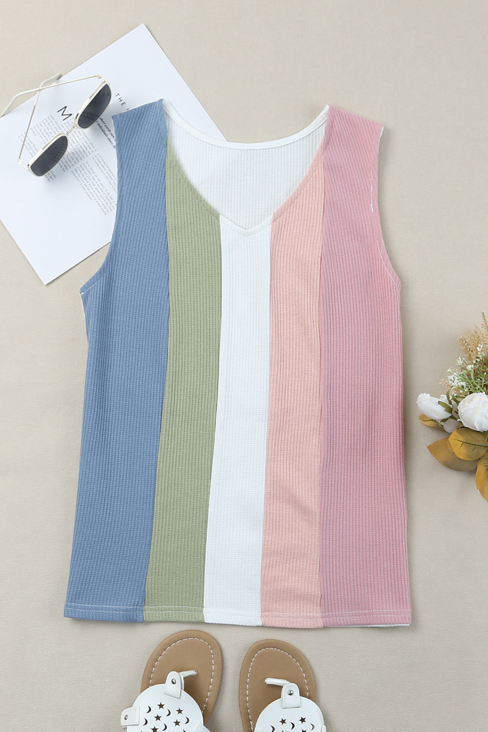 SUMMER VIBES Multicolored Striped Waffle-Knit Sleeveless Tank