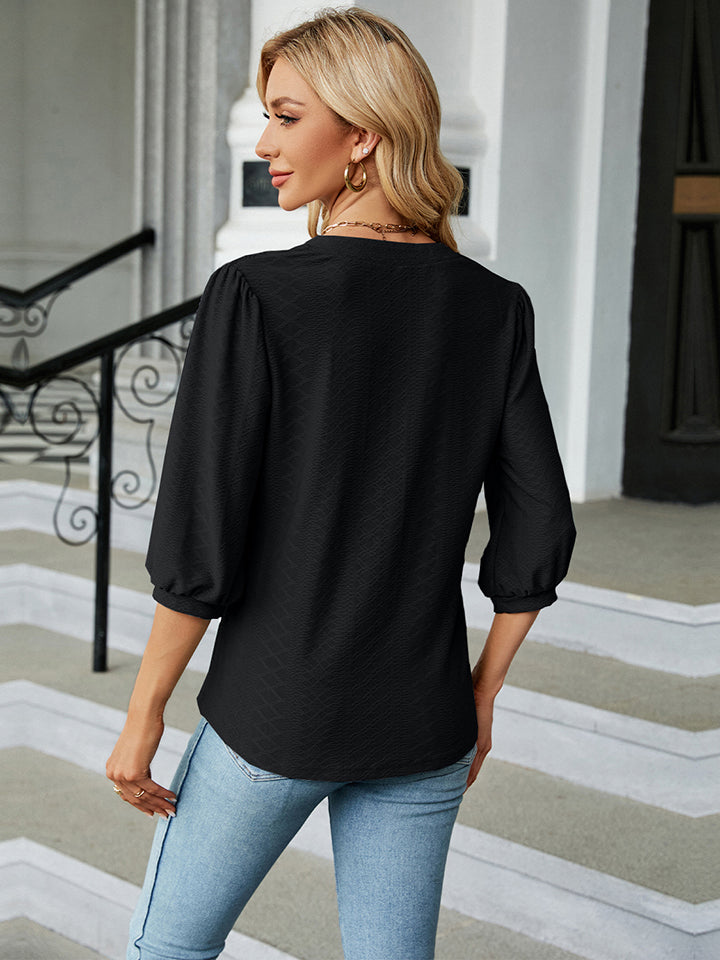 Full Size Notched Neck Three-Quarter Sleeve Blouse