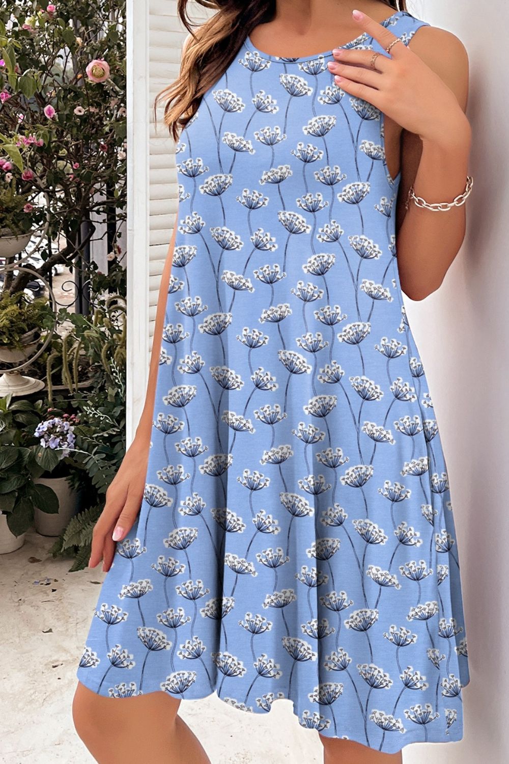 Full Size Printed Round Neck Sleeveless Dress