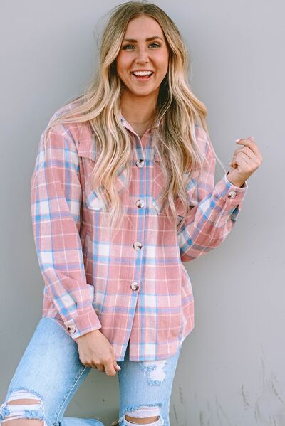 Plaid Pocketed Collared Neck Button Up Jacket