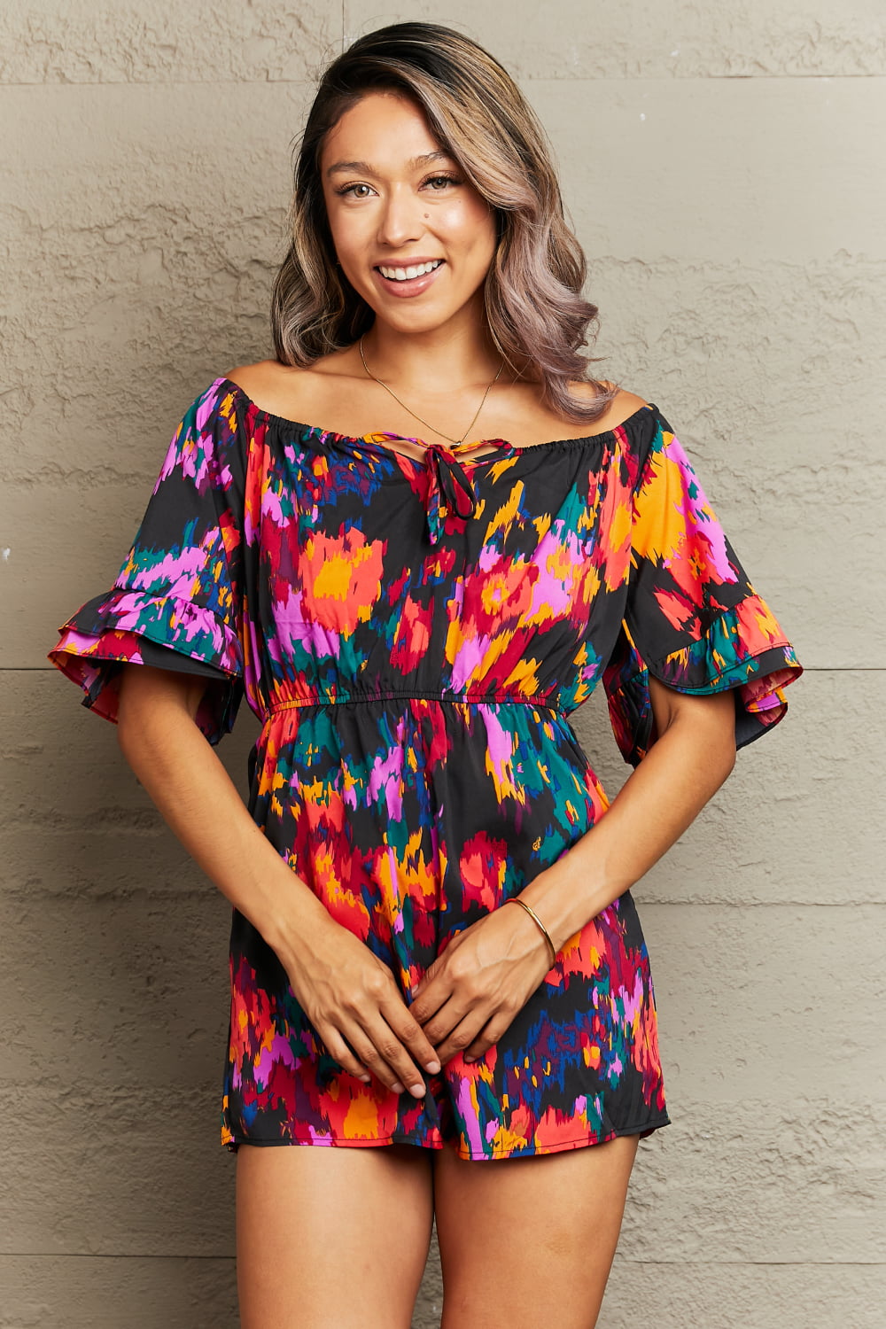 Pretty Mix Printed Tied Flounce Sleeve Romper