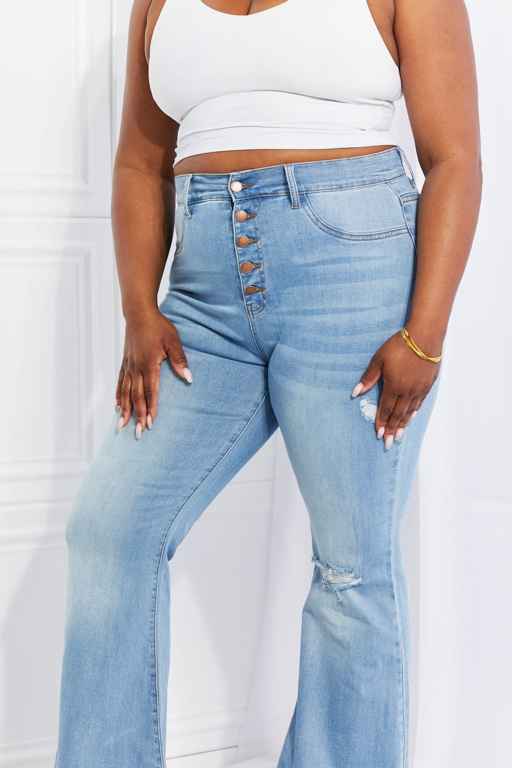 Women's Vibrant MIU Full Size Jess Button Flare Jeans